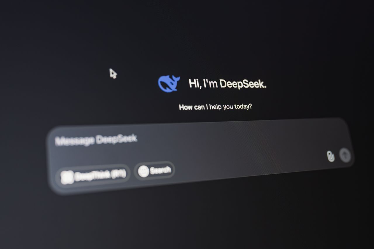 A detailed view of the DeepSeek AI interface, displaying a welcoming message on a dark background.